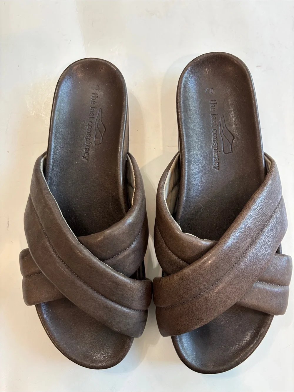 The Last Conspiracy Brown Leather Cross Strap Slides Sandals EU 40 Minimalist - Picture 4 of 13